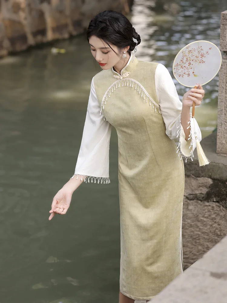 

Traditional Mandarin Collar Beaded Tassel Seven Points Sleeve Suede Qipao Women Cheongsam Retro Chinese Dress Hanfu Vestido