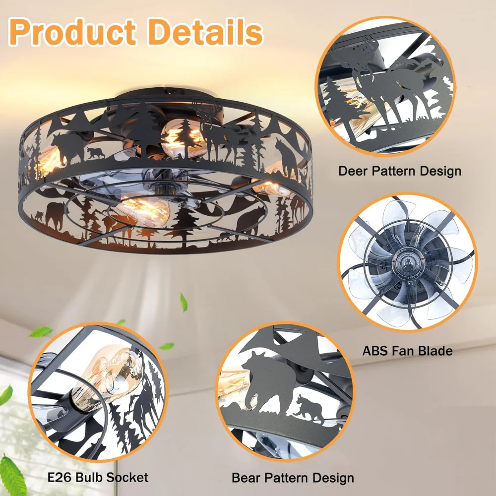 Ironwork Ceiling Fans Lights Remote Control 6 Speeds Black Caged Elk Bear Fan Lights for Livingroom Bedroom Hallway Lighting