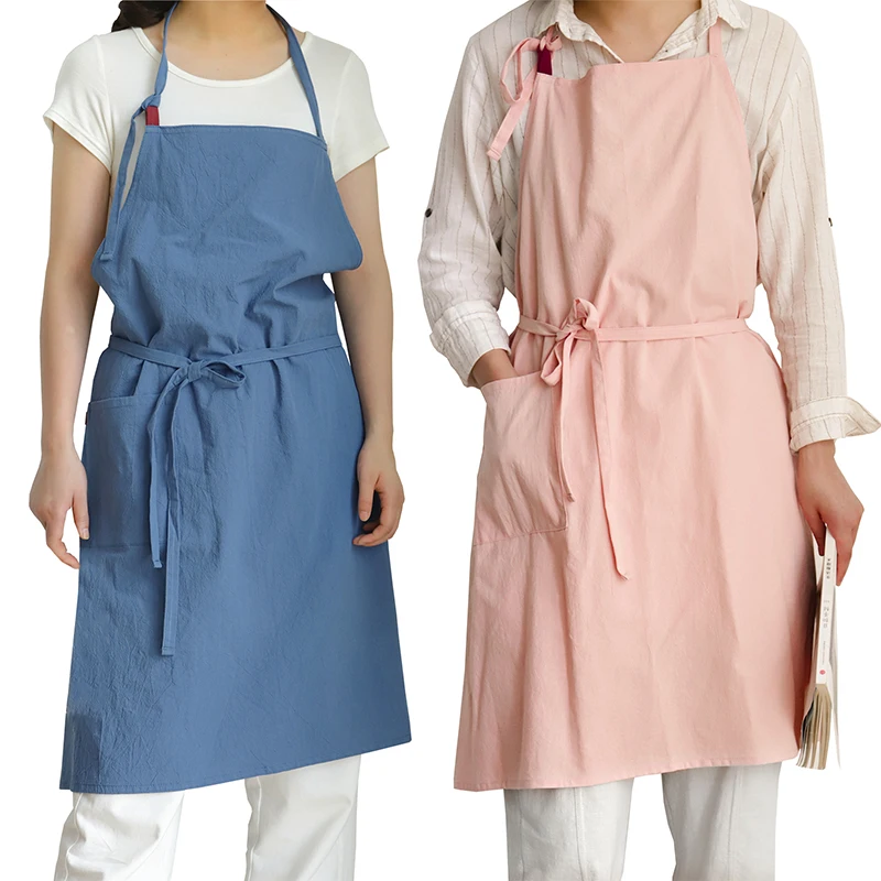 Lightweight Thin Pure Cotton Kitchen Apron for Women with Pocket Solid Color Sleeveless Pinafore for Cooking Cleaning Baking