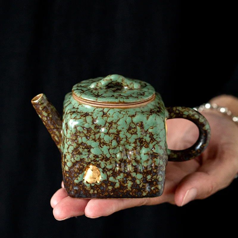 Traditional Chinese Teapot with Filter, Handmade Ceramic Retro Style, Dunhuang Inspired Turquoise Glaze, Complete Brewing Set