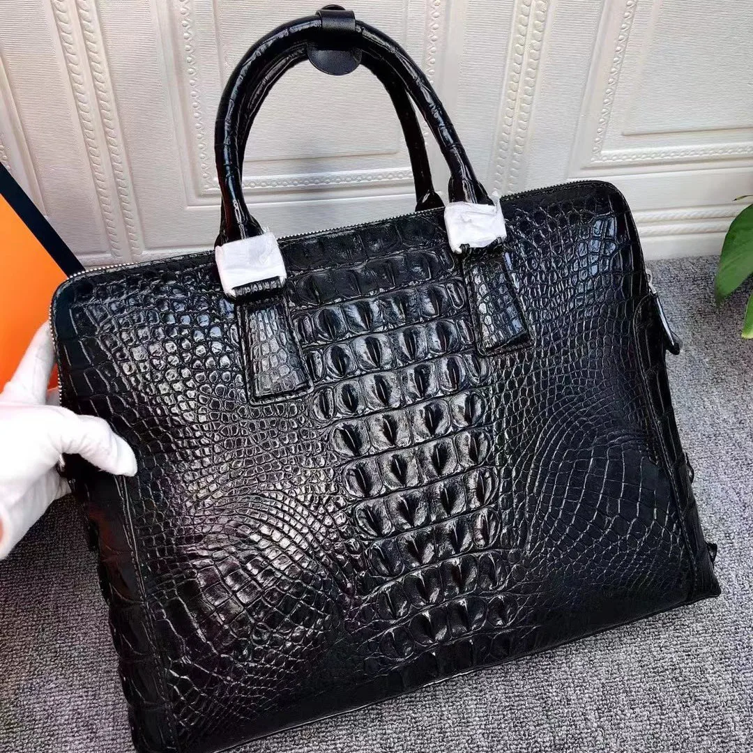 Men's double zipper briefcase Business fashion classic crocodile bone pattern, real crocodile skin, men's handbag, notebook bag