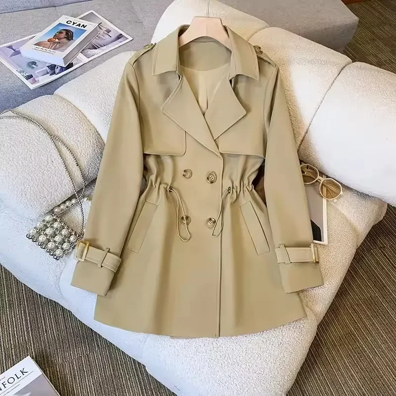 

Pop Fashion Casual Windbreaker Women Korean Mid-length Double-breasted Trench Coat 2025 Female Versatile Waistband Design Outerw