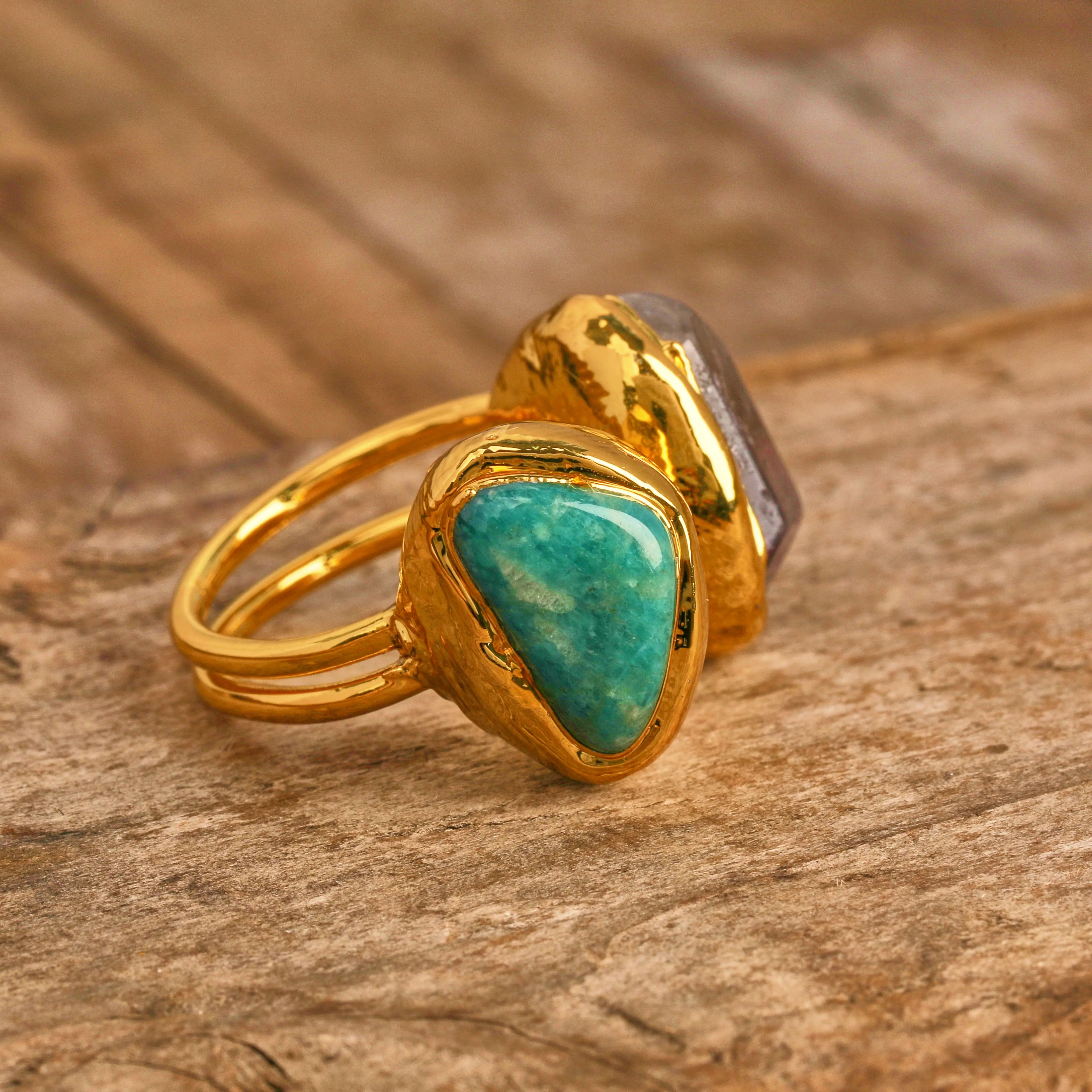 

High Quality 18K Gold Plated Amazonite and Amethyst Rings Resizable for Anniversaries Wedding Bands
