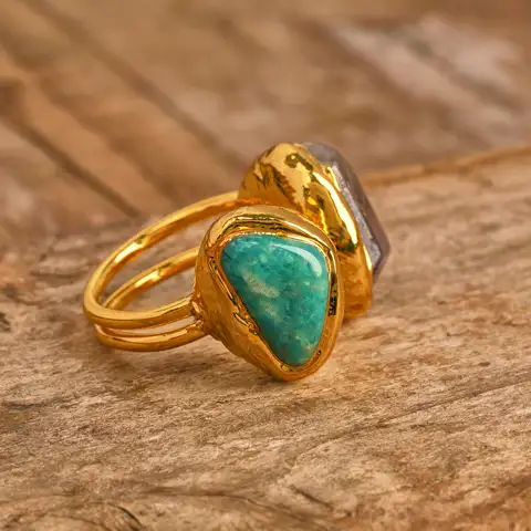 High Quality 18K Gold Plated Amazonite and Amethyst Rings Resizable for Anniversaries Wedding Bands