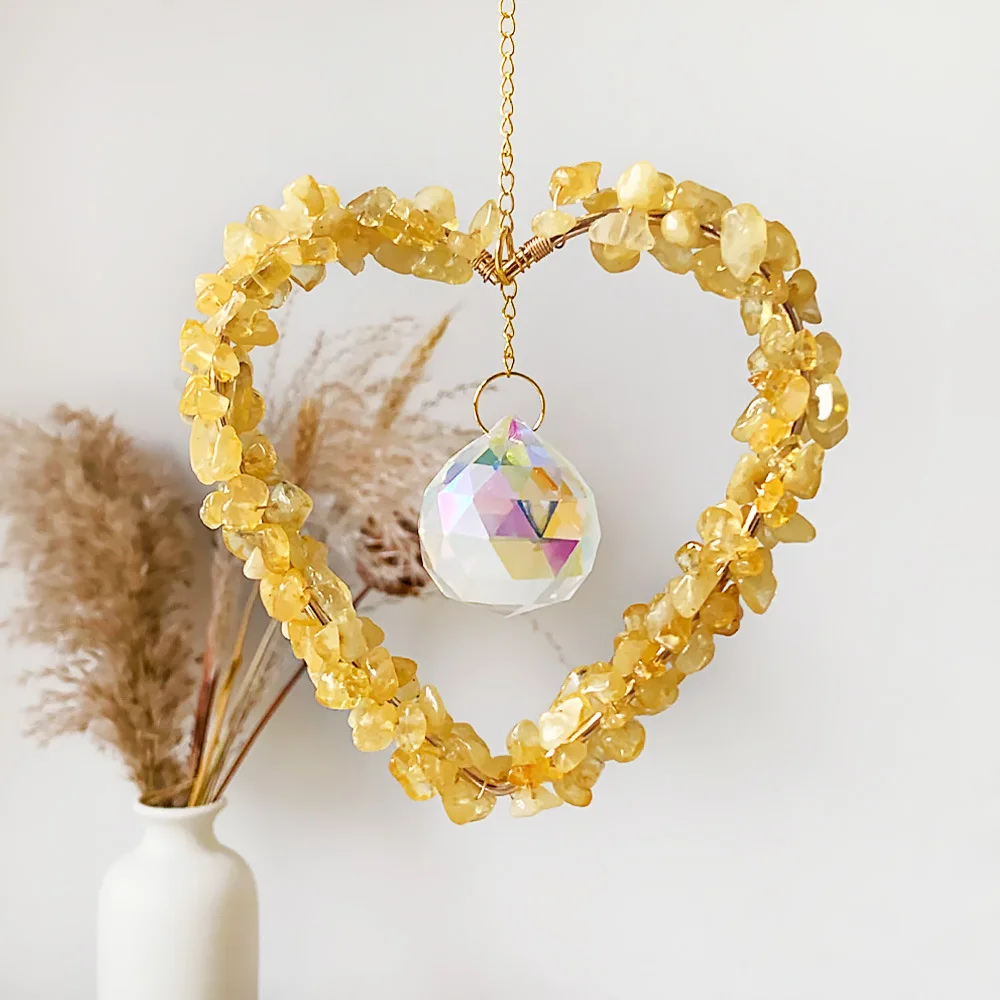 Custom Gold Heart Shape Citrine Crystal Chip Sun Catcher - Glass Pendants Hanging Ornament for Window Decor
