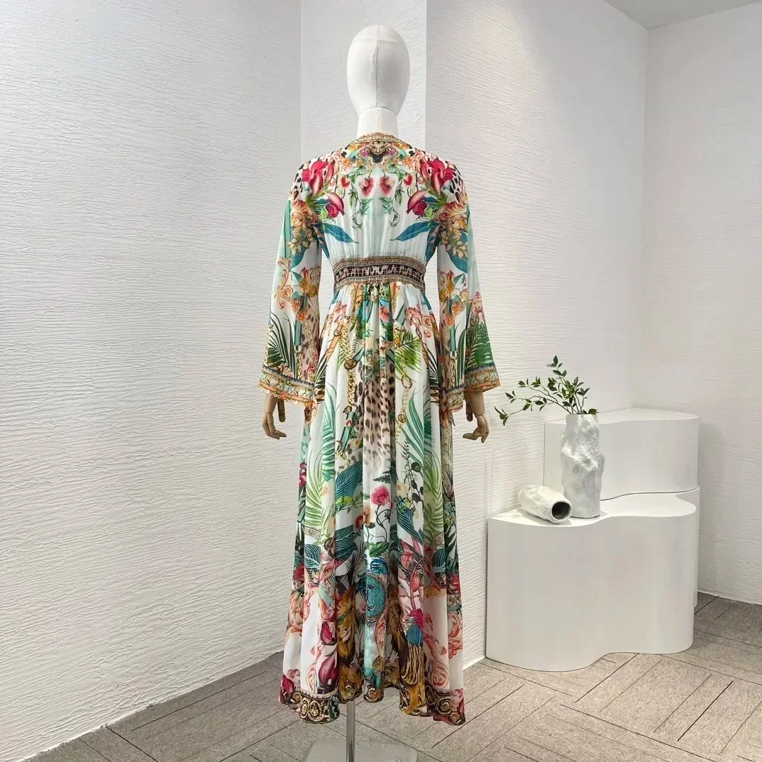 New Collection Green Floral Position Print Long Sleeve V-Neck Diamonds Women Silk High Quality Midi Dress 2024