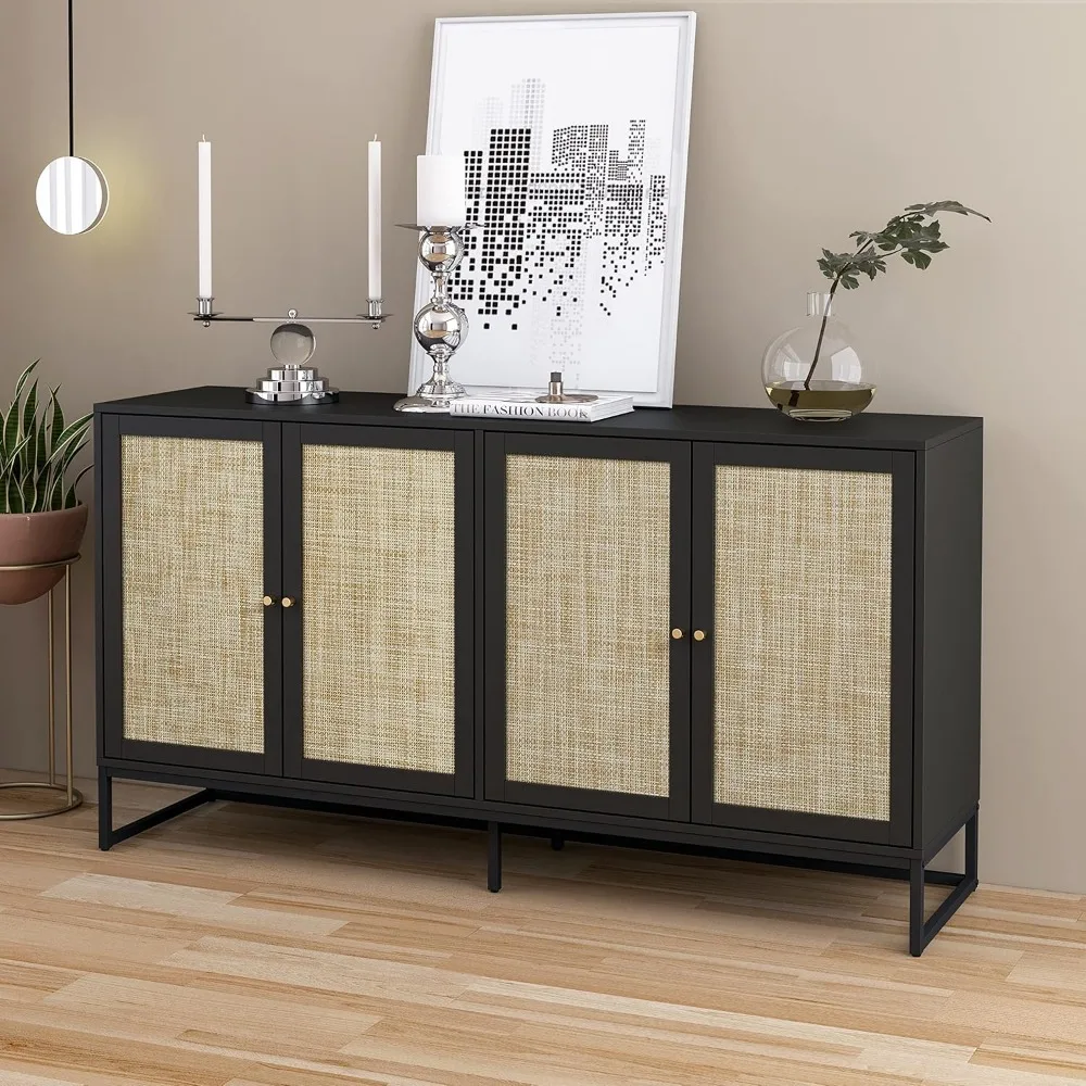Modern Sideboard Cabinet, Accent Storage Cabinet with Rattan Doors and Adjustable Shelves, Freestanding Sideboard Storage Cabine