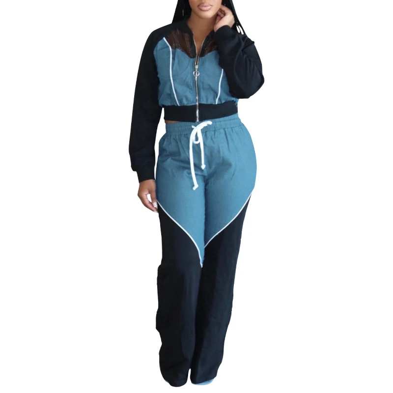 

Women Pant Set Two Piece Sets Zipper Splice Sweatshirts Tops Casual Long Pants Lace Up Elastic Waist Y2k Streetwear Spring 2026