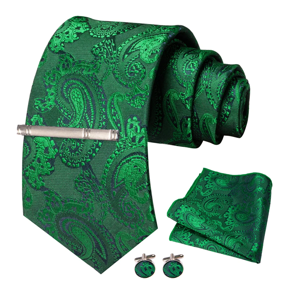 JEMYGINS Herren-Krawatte, grün, gestreift, Paisley-Krawatte für Hochzeiten, für Herren, Krawatte, Einstecktuch, Manschettenknöpfe, Set, Party, Business, Modedesigner – Detail 16