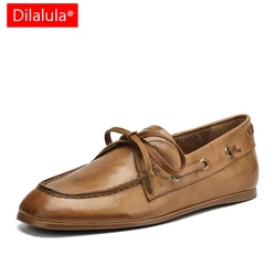 Dilalula Newest Cow Leather Round Toe Loafers Women Spring Lace Up Slip On Retro Casual Flats Female Low Heel Pumps 2025