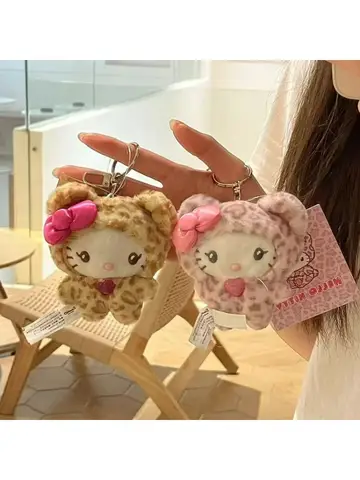 MINISO Hello Kitty Kawaii Cat Keychain Cute Plush Doll Bag Charm with Bow Leopard Print Zipper Pull Gift for Girls Stuffed Toys