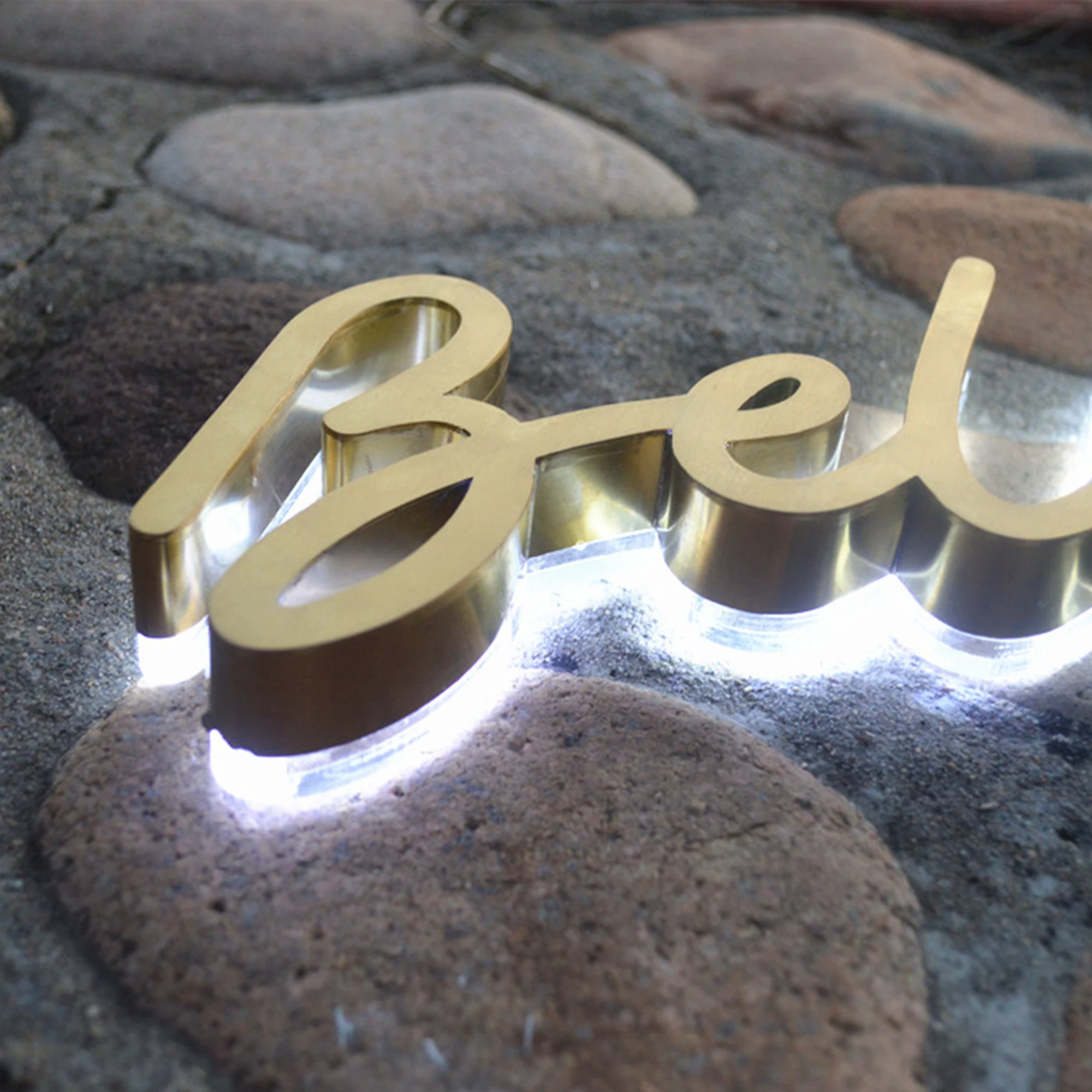 Custom wholesale indoor halo illuminated brushed brass channel letters sign 3d LED logo indoor signage lobby office