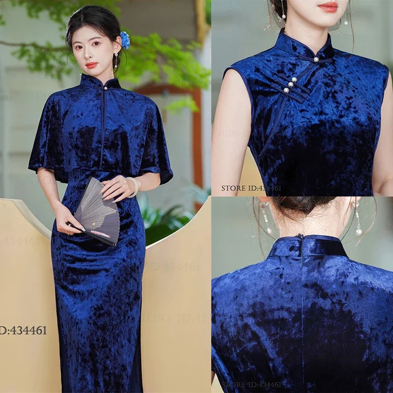 الخريف الشتاء القطيفة الإناث تشيباو المخملية شيونغسام طويلة مع شال مثير فستان أنيق مزاجه التقليد الصيني