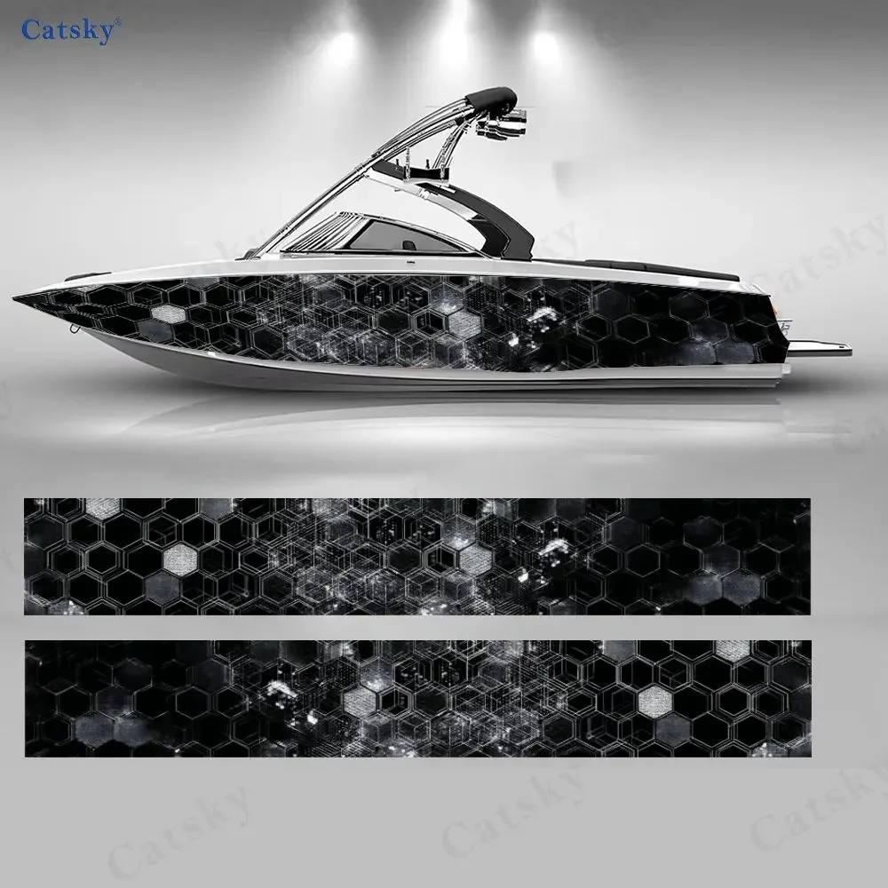 Black & Grey Honeycomb Nebula Boat Stickers, PVC Waterproof Vinyl Wrap Decals for Fishing Boats, Durable and Stylish Design