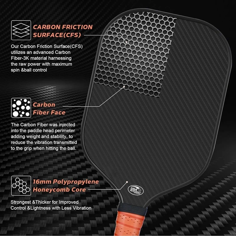 New-16MM Pickleball Paddle 3K Carbon Fiber Surface PP Honeycomb Core Enhanced Power Anti-Slip Hand Grip Paddle