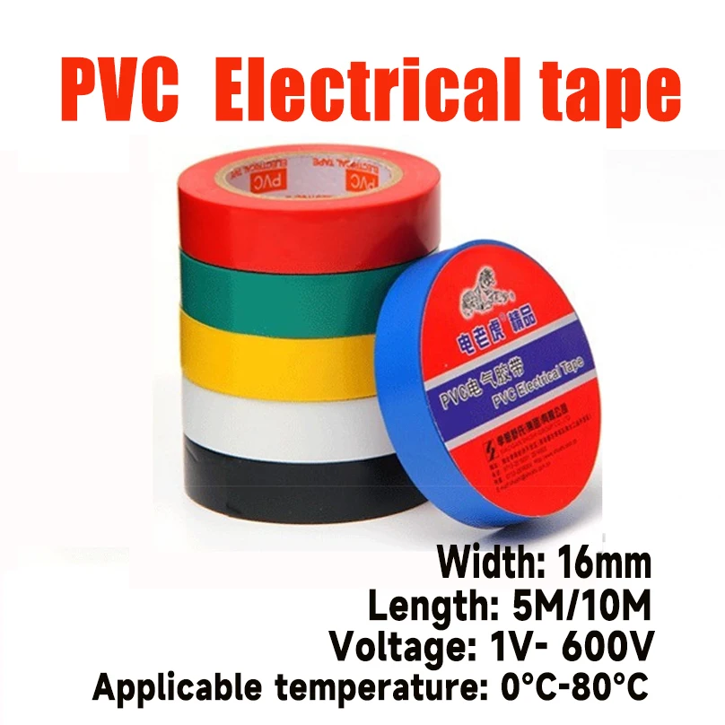 5PCS 16mm Wide PVC Electrical Insulating Tape - 5m/10m Roll Red Yellow Green Blue Black Electrician Tape for Insulation