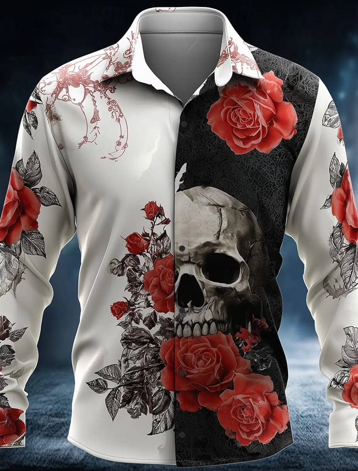 3D Print Skull Rose Graphic Men's Shirts Gothic Style Long Sleeve Lapel Button Tops Halloween Theme Party Custom Clothes For Men