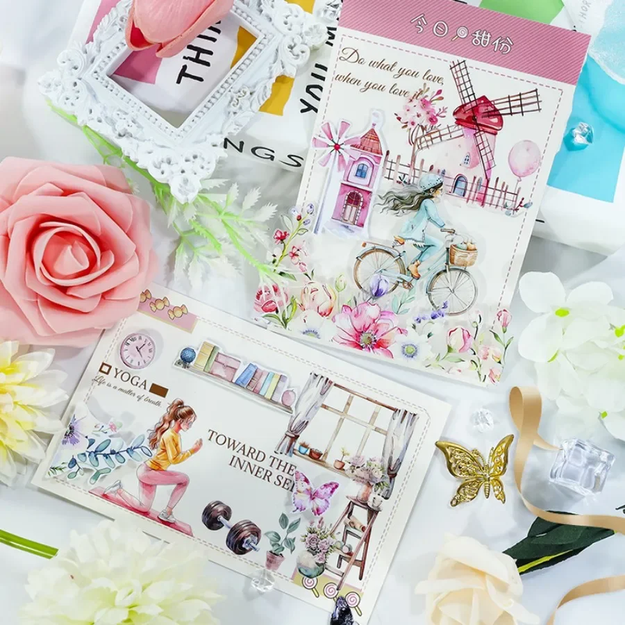 4Pcs Matte Pajama Lady PET Tape PreCut Flower Decorations Transparent Masking Tape for Stickers Scrapbooking Journal Diary Decor