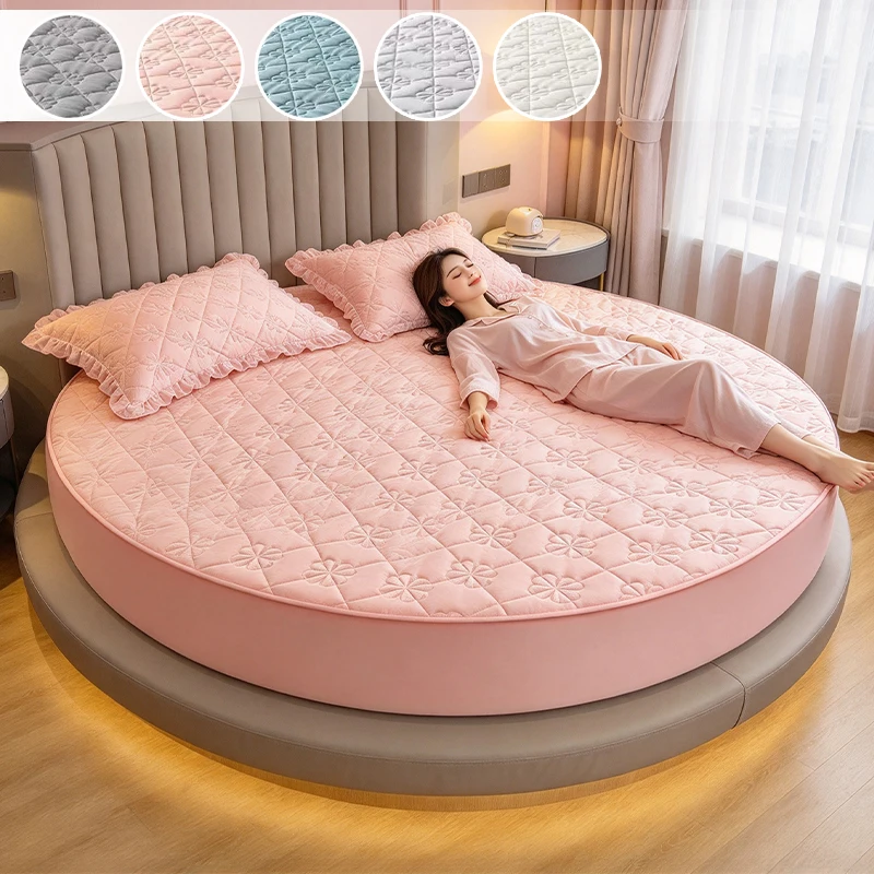 Waterproof  Round Quilted Mattress Cover Full Surround Elastic Band Antibacterial Machine Washable Fitted Sheet for Round Bed