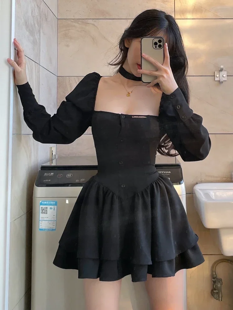 

Sexy Black Vintage 3 Piece Skirt Set Women Sexy Lolita Y2k Mini Skirt Suit Female Casual Korean Fashion Long Sleeve Retro Set