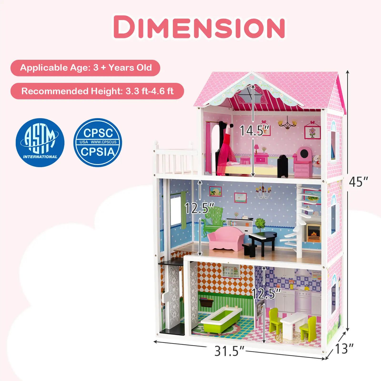 Kids Wooden Dollhouse with Working Elevator & Rotatable Staircase Pink