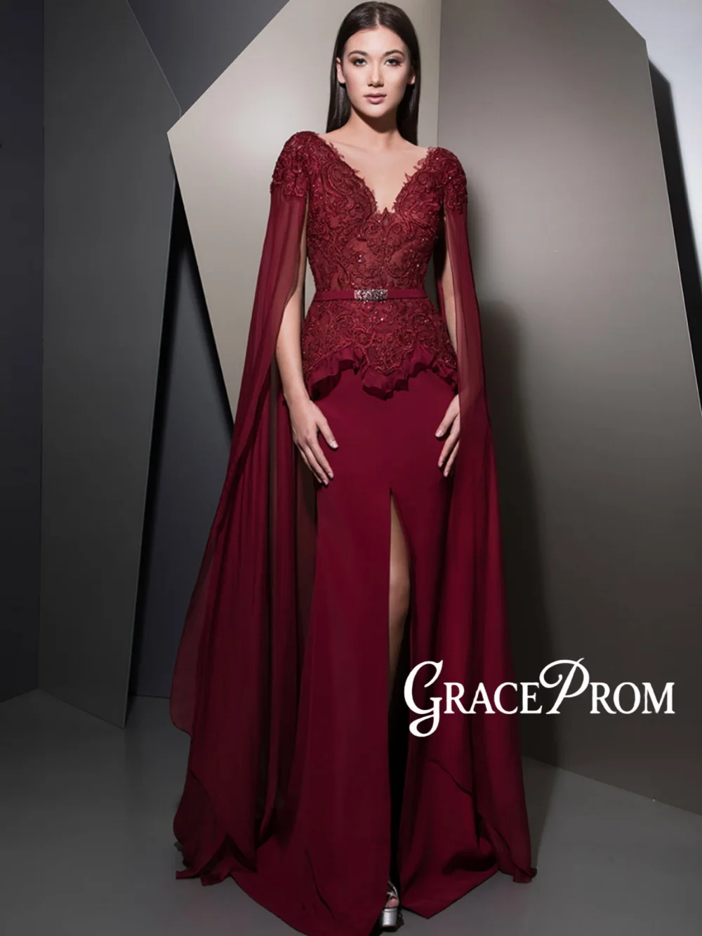 

Stylish Red Lace Appliques Evening Dress Modern Beaded Cape Sleeve Mother Of The Bride Dresses For Wedding New Customized Gown