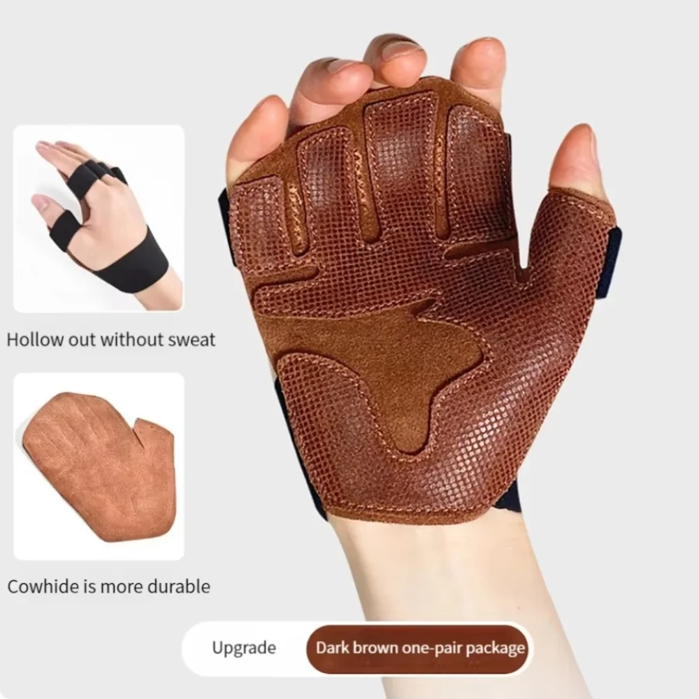 1 Pair Cowhide Weight Lifting Gloves Four-finger Non-Slip Ventilated Gym Wristband Deadlift Training Fitness Workout Gloves