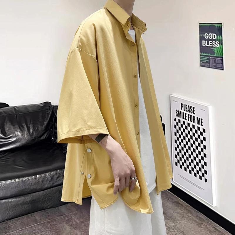 Summer Short Sleeved Shirt Men Oversized Social Mens Black Dress Shirt Korean Loose Casual Ice Silk Shirt Mens White Shirts