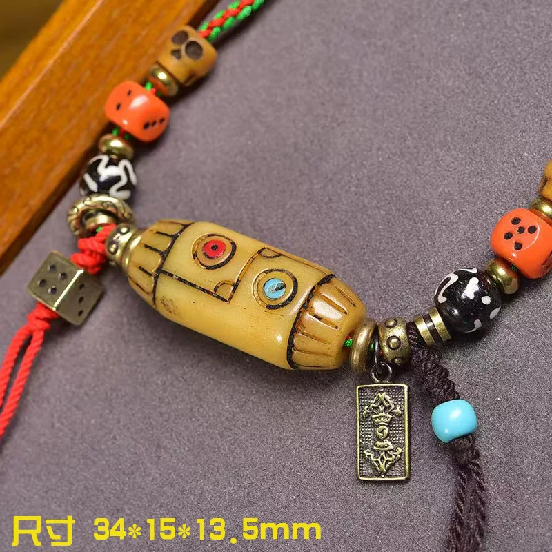 Handmade woven rope necklace with Tibetan-style engraved Dzi bead pendant, clavicle chain made of yak bone accessories