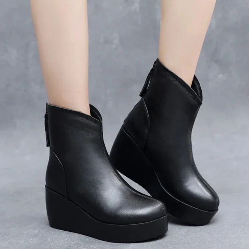 

2025 Platform Pumps Shoes Women Slip On Genuine Leather Wedges High Heel Ankle Boots