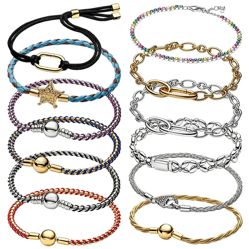 2026 Summer New 925 Silver Rainbow Tennis Braided Rope with Open Elliptical Chain Bracelet, Women's DIY Fashion Gift Jewelry