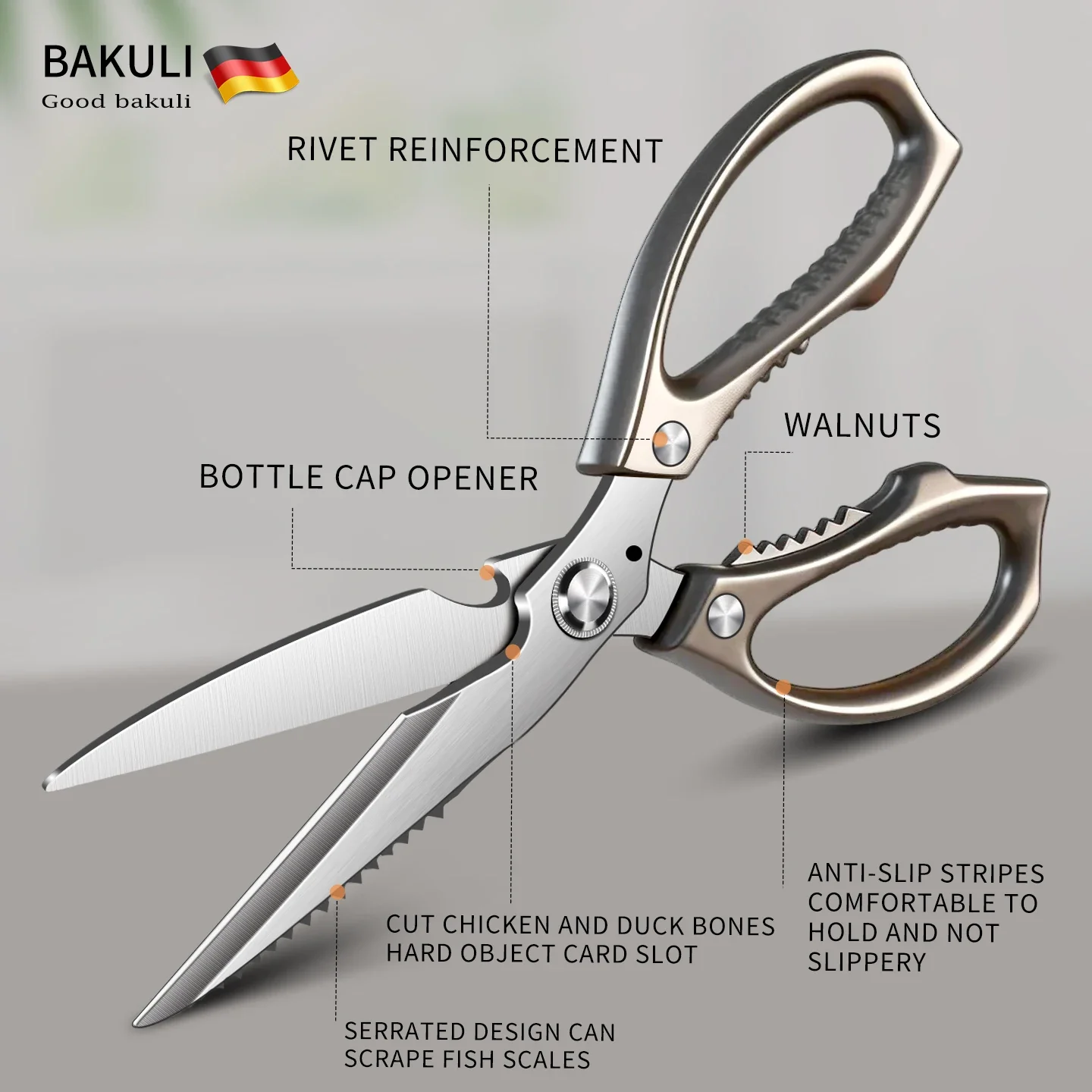 Stainless Steel Food Scissors Heavy Duty Kitchen Scissors MultiPurpose Scissors for Chicken, Meat, Fish Vegetables,Extended Edge