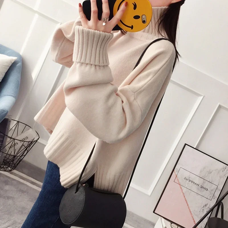 Autumn Women\'s High-Neck knitting Split Sweater Pullover Female Loose Version Thick Warm Sweater Long Sleeves Top Red Clothes