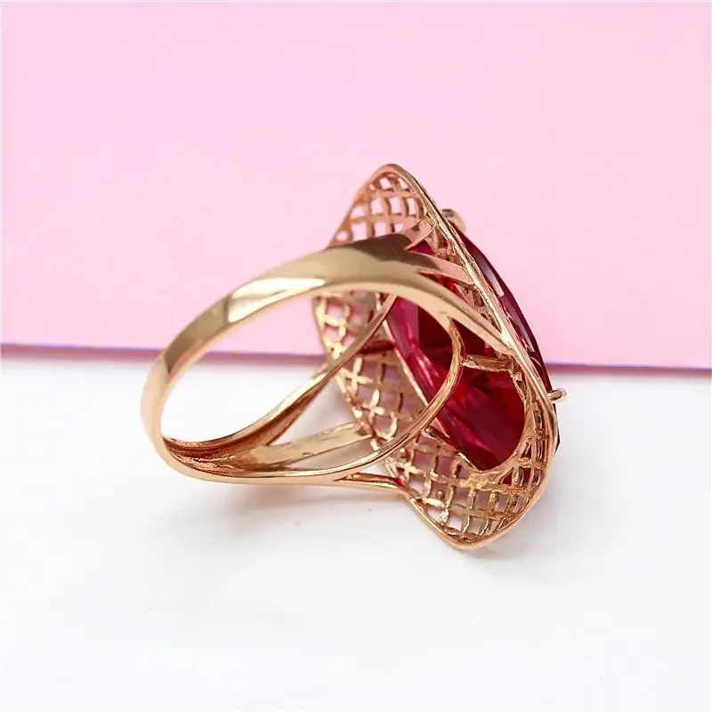 585 purple Golden 14K rose Golden classic oval ruby rings for women square hollow craft exaggerated luxury wedding jewelry