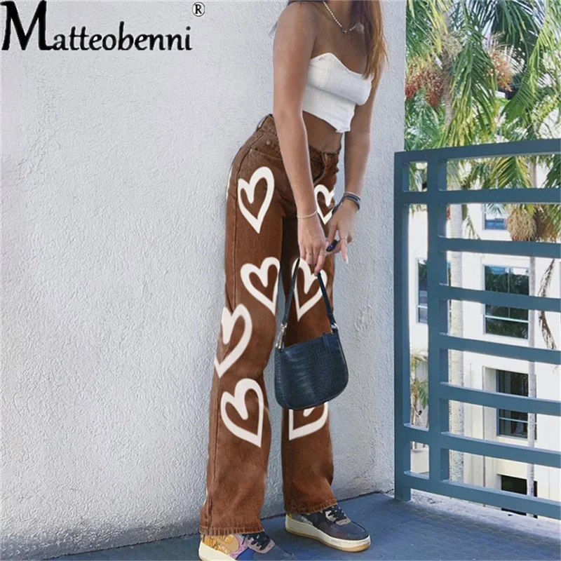 Women's New Spring And Summer Fashion Large Size Loose High Waist Jeans Street Clothes Heart-Shaped Printing Straight Leg Pants