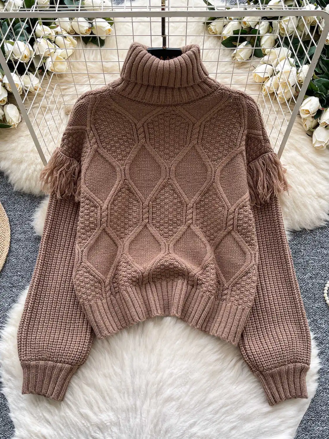 

Женский кофейный пуловер с воротником, свитер, винтажный джемпер 2000-х годов Y2k, трикотаж, роскошный свитер с длинными рукавами, осенне-зимняя одежда