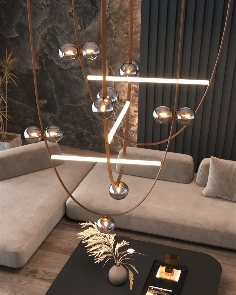 Italiano Belt Pendant Light, Living Room Main Light, Postmodern Minimalista Villa Duplex Edifício Oco Luz De Bola De Vidro Decorativo