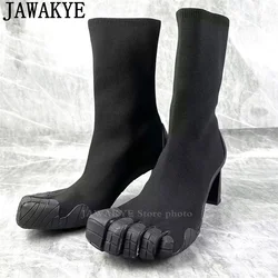 Five Toe Split Toe Chunky High-heel Knitted Ankle Boots  Women Elastic Slip On Winter Popular Fashion Week Short Boots Woman