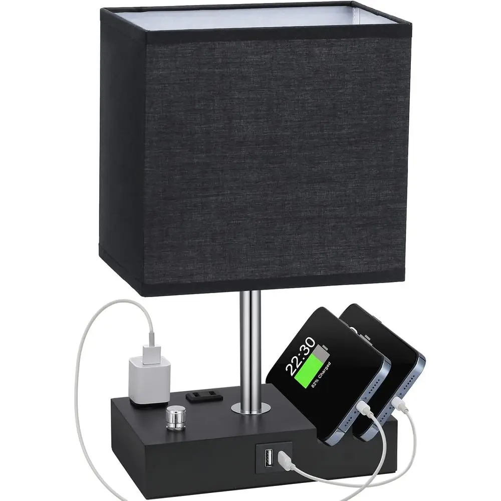 

Table Lamp for Bedroom with Dual USB Ports, Fully Dimmable Black Bedside Lamp with Phone Stands and 2 Charging Outlets, Desk Lam