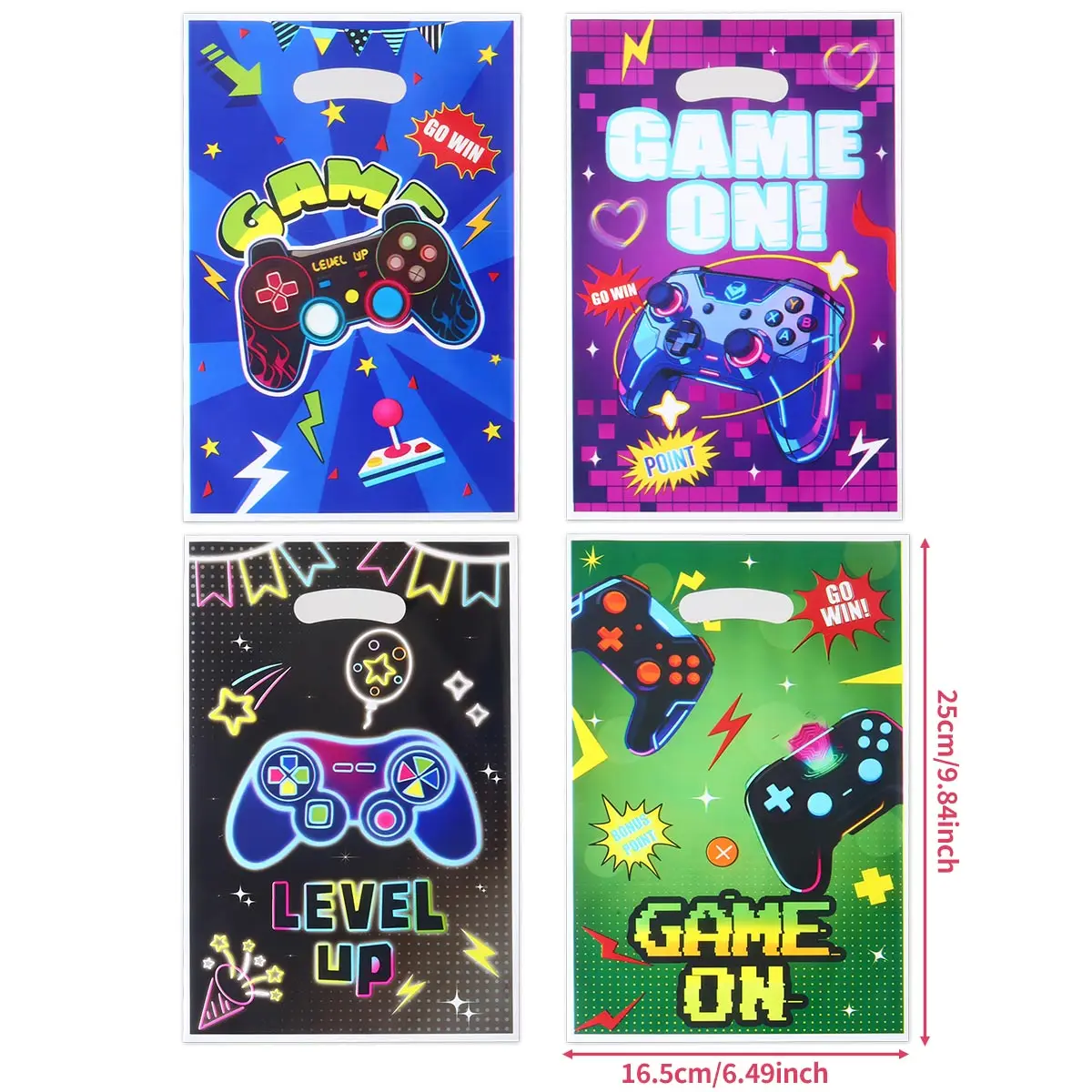 50 Game Party Themed Plastic Gift Bags, Cyber Neon Style, with Game Controller Design, with Handle Design