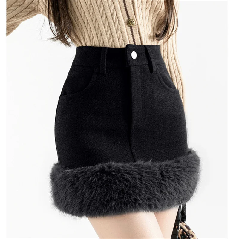 Thickened Skirts Women Autumn Winter Splicing 2025 New Fashion High Waist Brown Black Woolen Skirt Female Short Mini Skirt