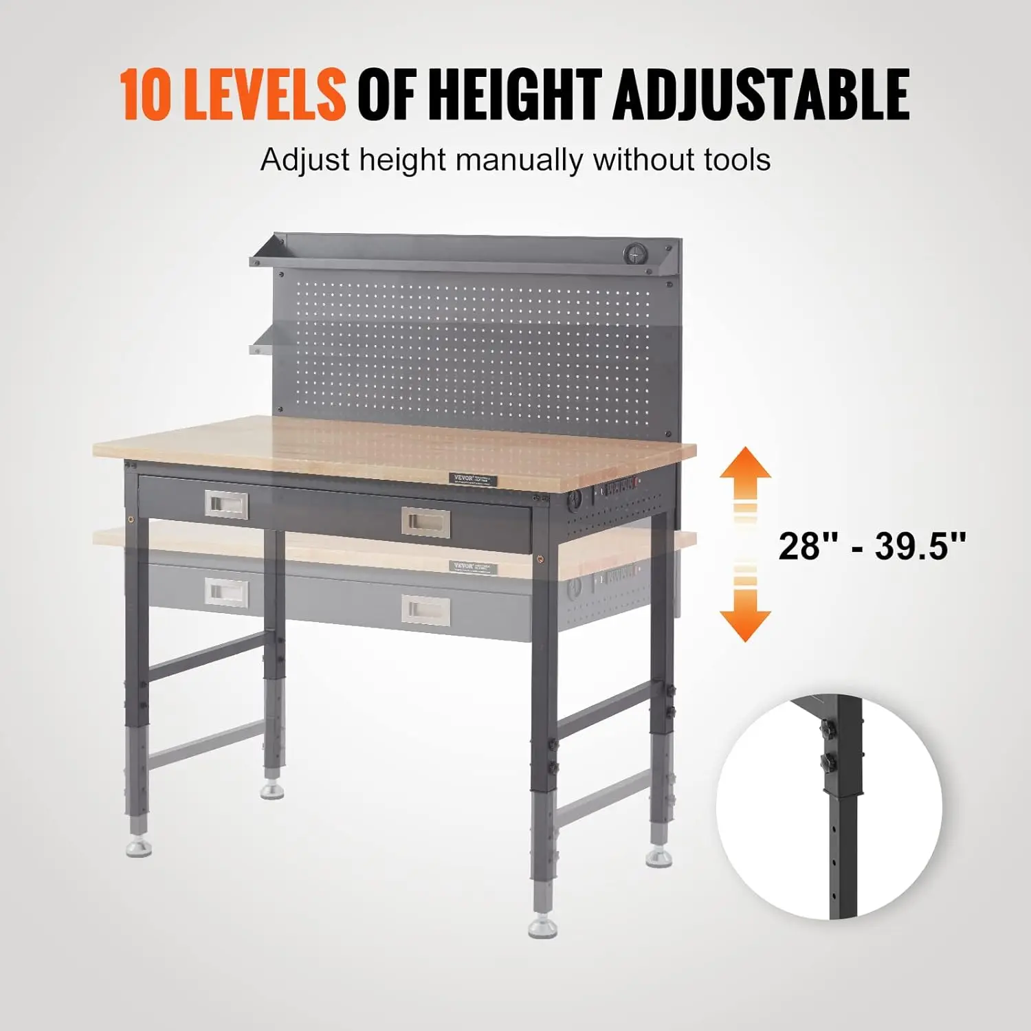 Workbench Adjustable Height 28-39.5" Work Bench for Garage Oak Plank & Carbon Steel Capacity Bench top 3m Cable 30 Hooks