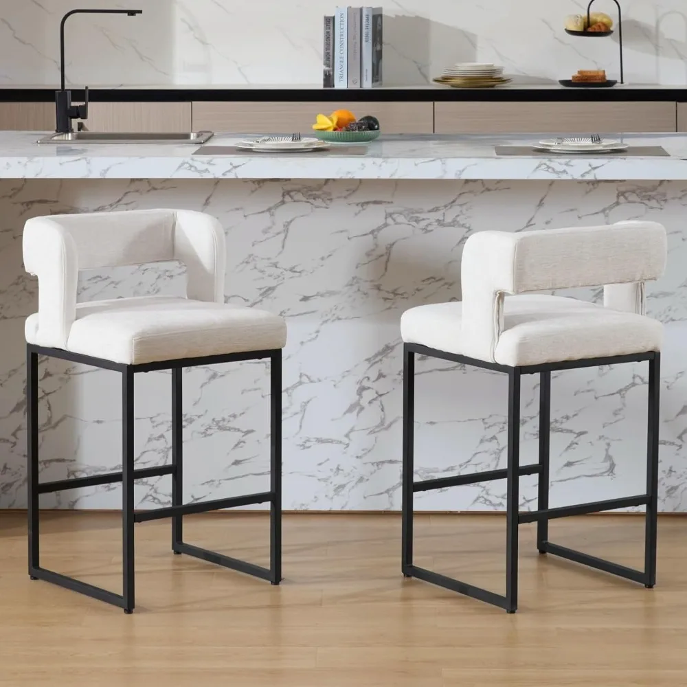 Modern Bar Stools Set of 2, 26'' Counter Height Bar Stool with Sturdy Metal Steel Frame, Chenille Upholstered Barstools