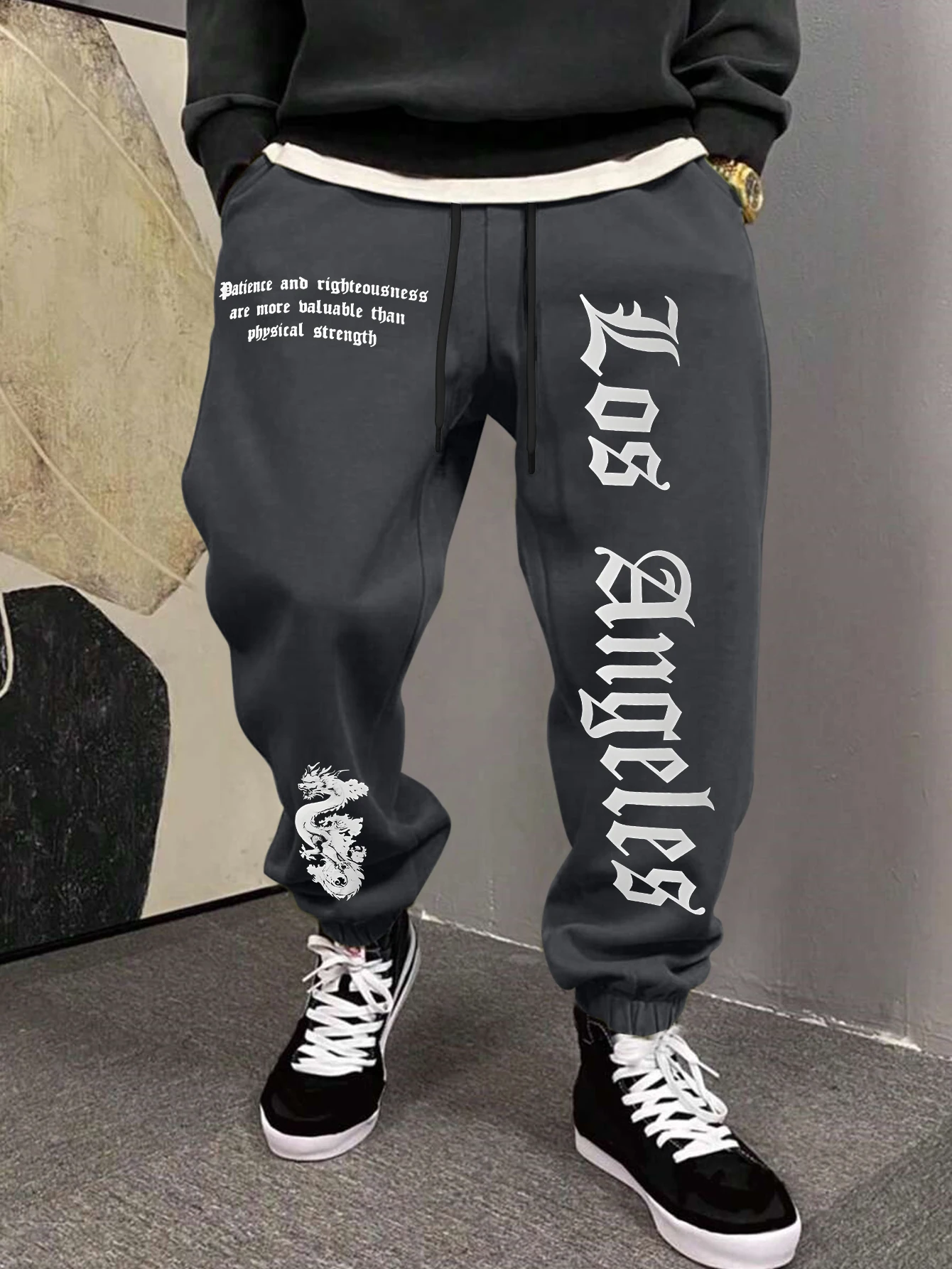 Men Jogger Sweatpants, Los Angeles Gothic Letter Dragon Slogan Graphic Elastic Cuff Drawstring Streetwear Casual Pants