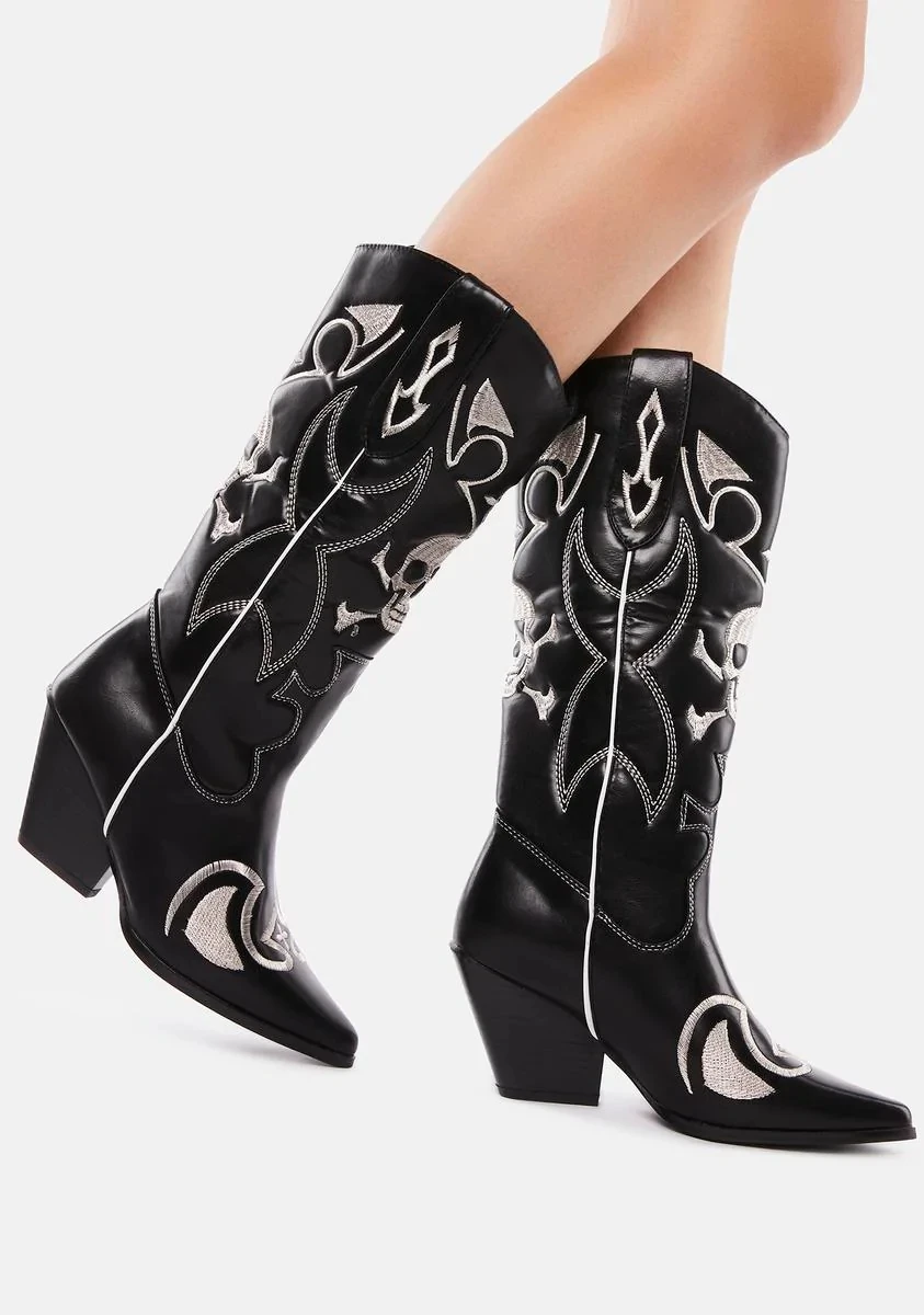 أحذية رعاة البقر الغربية للنساء 2025 أحذية خمر رعاة البقر ريترو الشارع فستان الأحذية أشار تو حذاء برقبة للركبة 44 #6