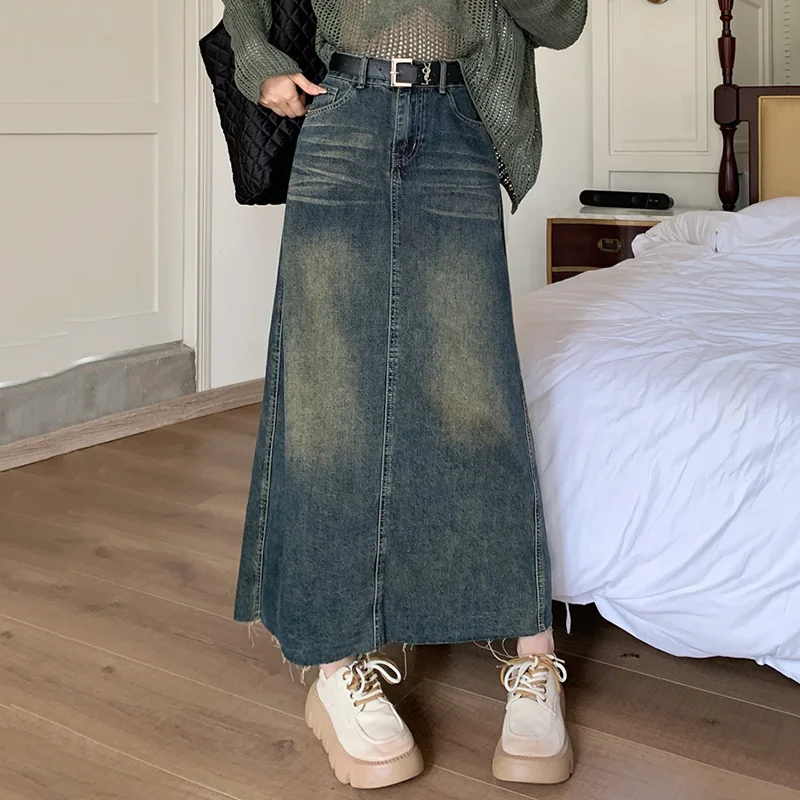 

New Women Spring Summer Plus Size Denim Skirt Fashion Vintage High Waist Hip Wrap A-Line Long Skirt Casual Blue Jeans Skirt