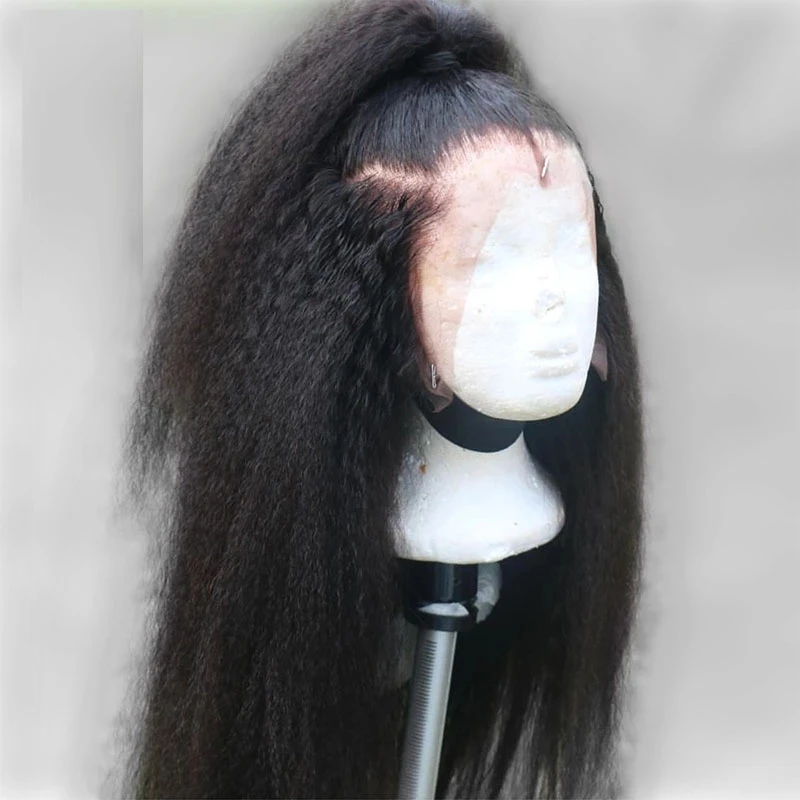 

Long Soft 28 inch 200% DensityGlueless Natural Black Yaki Kinky Straight Lace Front Wig For Women With Baby Hair Preplucked