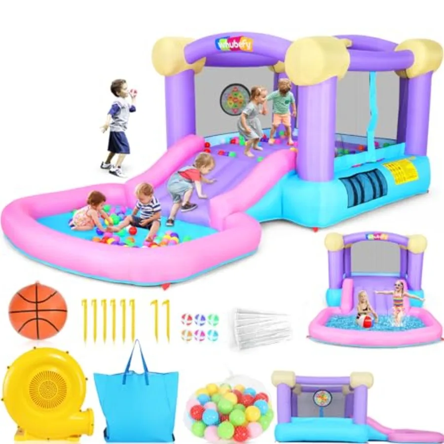 바운스 하우스, 어린이용 블로워 포함 에어바운스(3-10세), 슬라이드/볼풀 포함 실내외 겸용 바운시 하우스, 5 in 1 점프