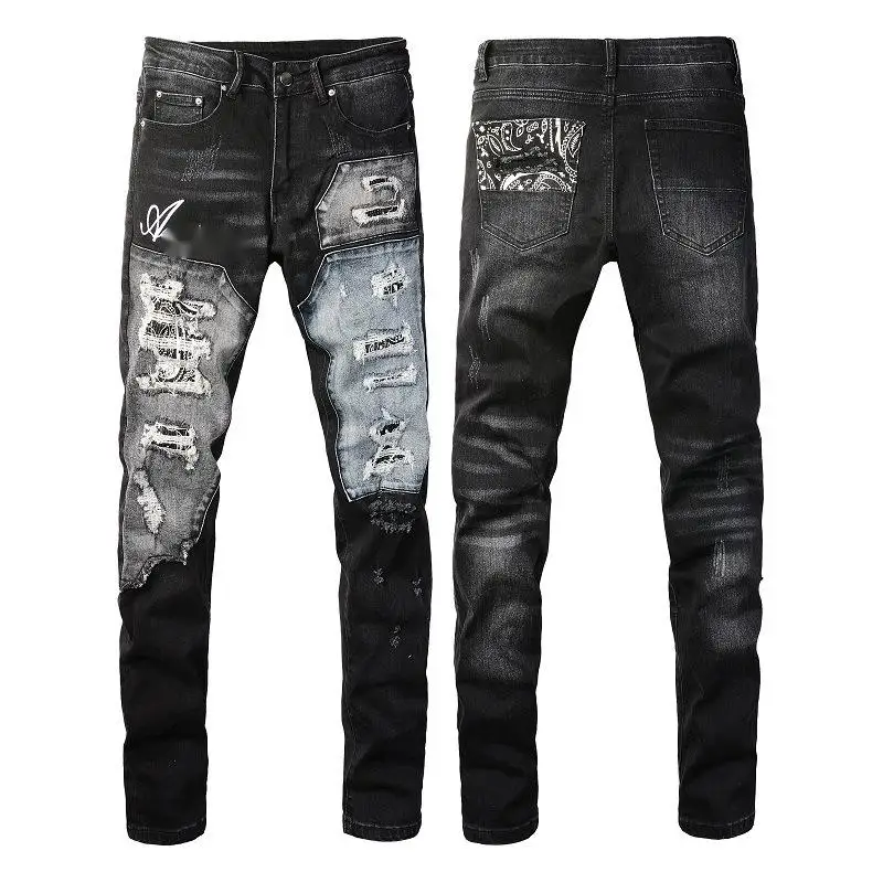 

AM Letter Embroidery Men Ripped Patch Jeans High Street Trend American Style Pants