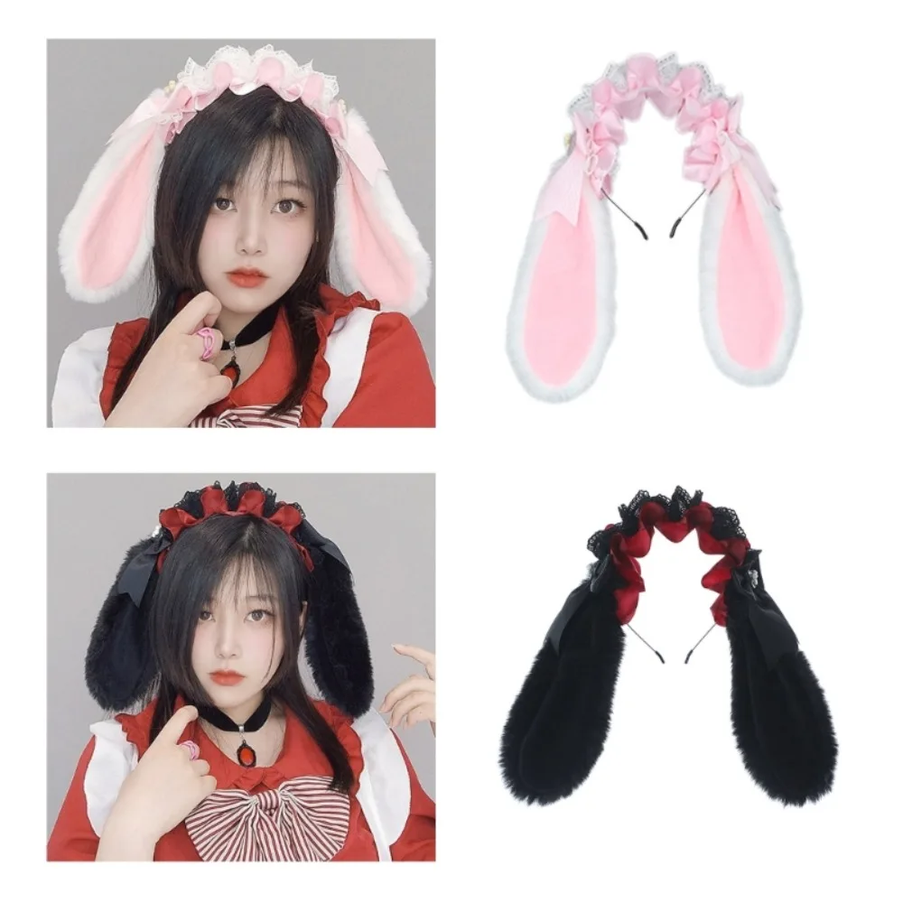 

Sweet Bowknot Plush Bunny Hair Hoop Lace Ribbon Cosplay Hair Bands Furry Cute Lolita Rabbit Ears Headband Anime Expo
